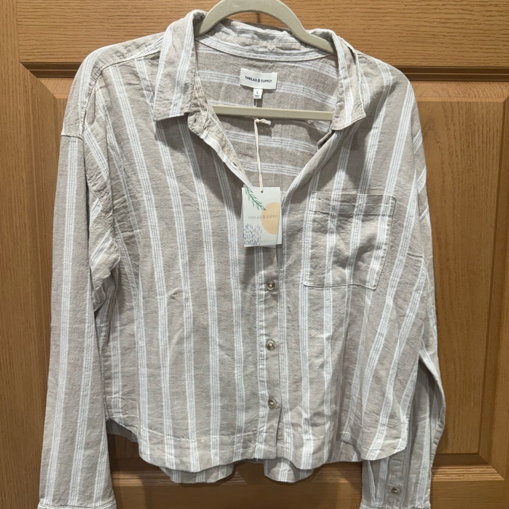 Thread & Supply Beige and White Striped Button-Down Shirt